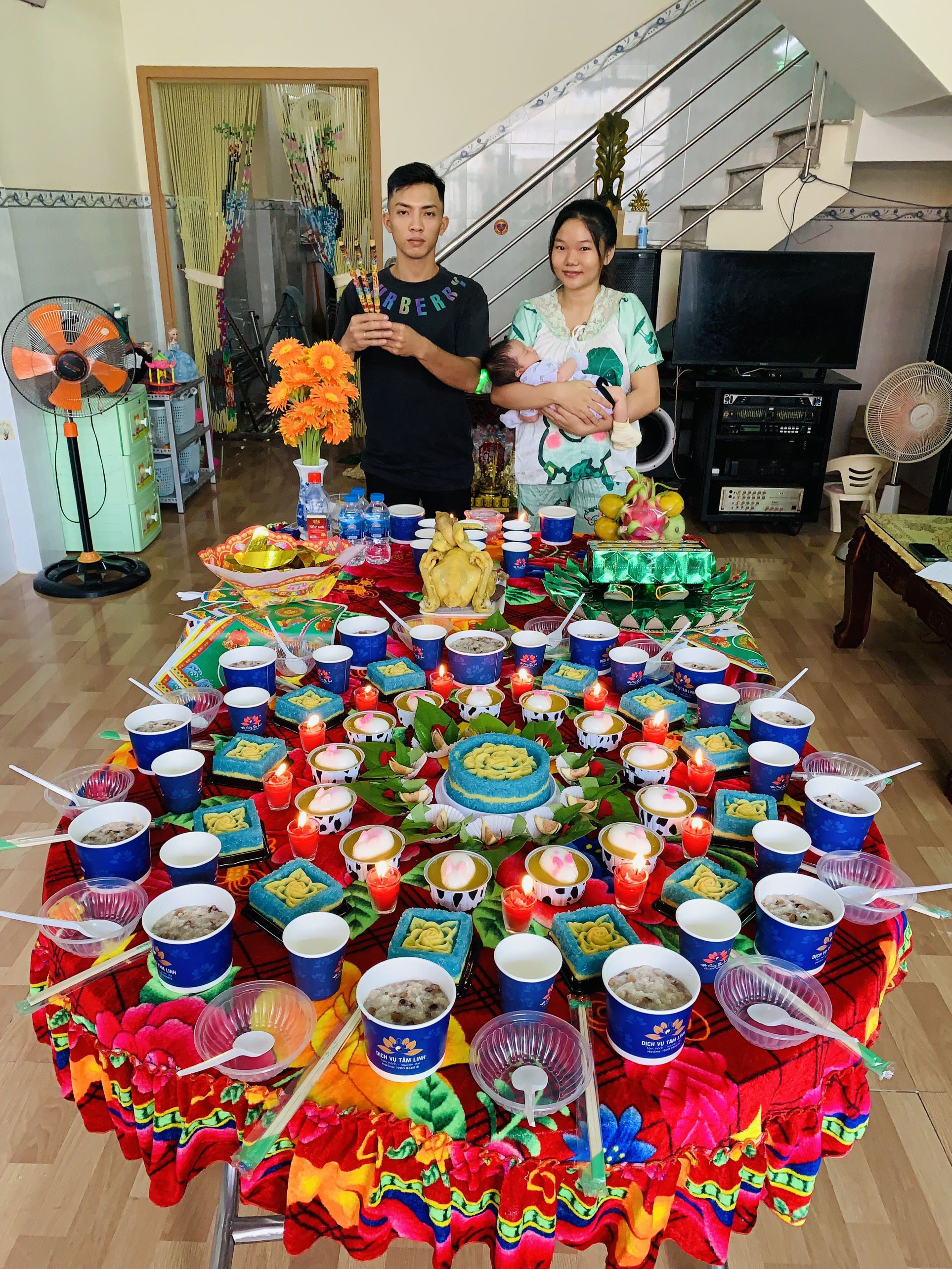 Mâm Cúng đầy tháng bé trai Tone Xanh