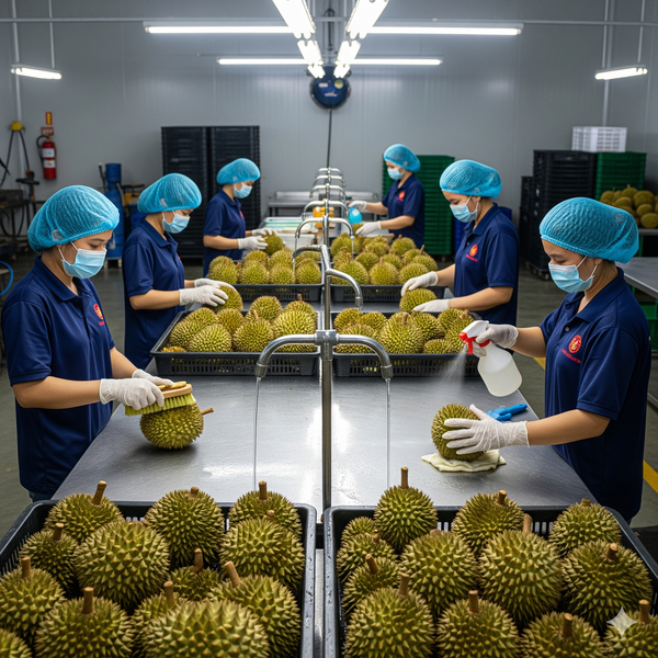 Quy trình phân loại và vệ sinh sầu riêng trước khi đóng gói xuất khẩu