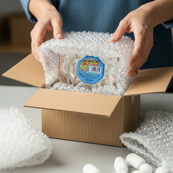 Dùng thùng carton 3–5 lớp kết hợp túi xốp chống sốc để vận chuyển mứt đi xa