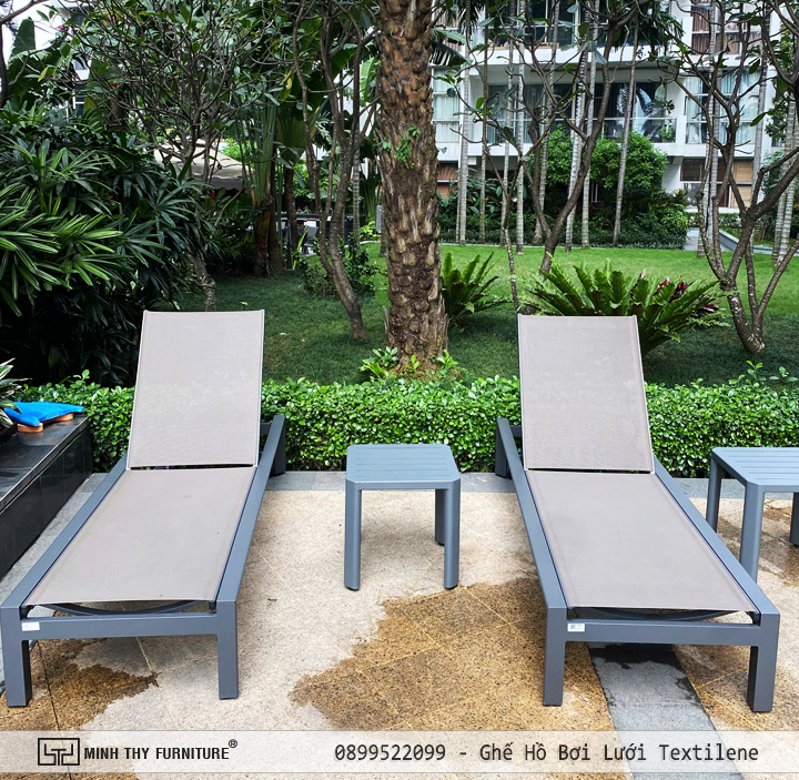 ghế hồ bơi ngoài trời khung nhôm lưới textilene màu xám ghi cao cấp