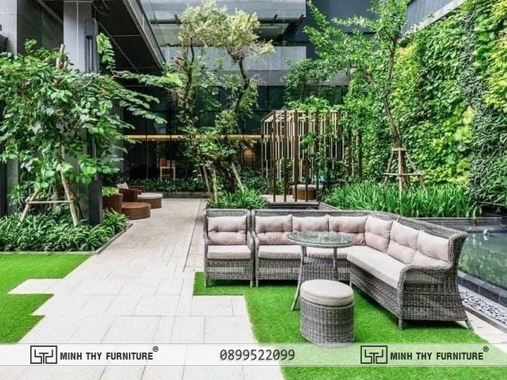 Mẫu sofa mây nhựa góc L đặc sắc cho không gian sân vườn