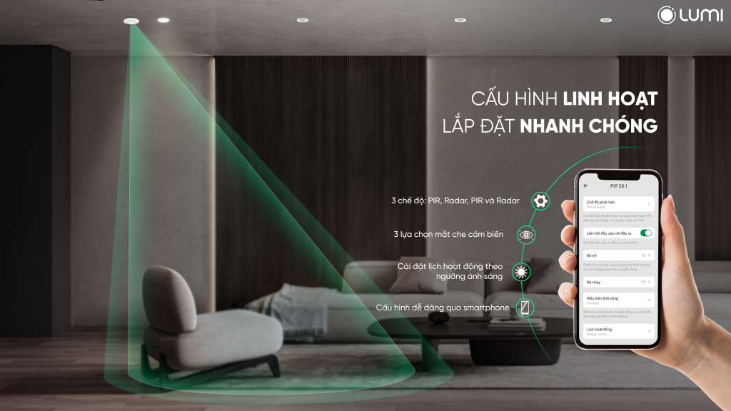 Dễ dàng cấu hình, lắp đặt với cảm biến hiện diện trên app LumiLife+