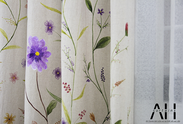 Rèm vải linen tự nhiên với họa tiết vẽ thủ công