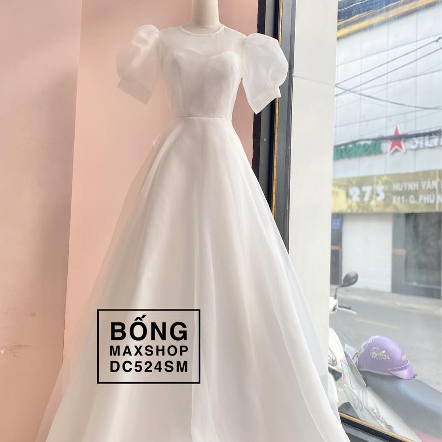 mẫu váy cưới đơn giản, kín đáo tay phồng
