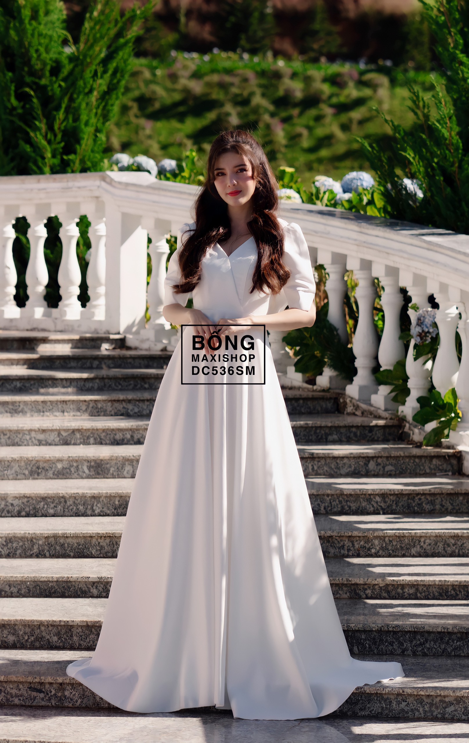 Váy Cưới Phi Nhật Cổ V Tay Lỡ Nơ Đôi DC536