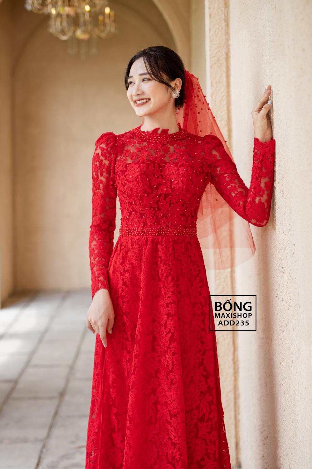 Áo dài đỏ đính ngọc trai ren ADD235