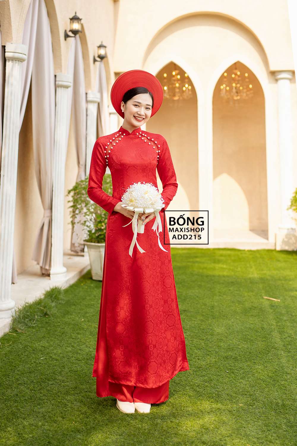 Áo cưới cho bà bầu - Áo dài cô dâu gấm hỷ 2 viền ngọc trai ADD215