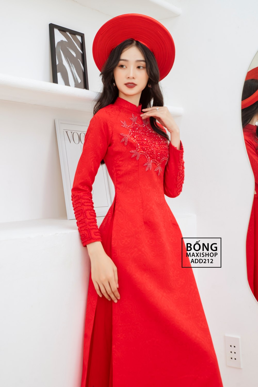 Áo dài cưới truyền thống gấm đỏ hoàng gia kết cườm ADD212