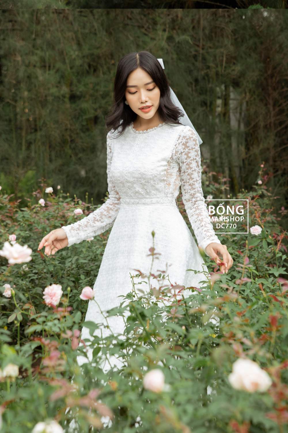 Áo cưới tay dài Full ren hoạ tiết 6 cánh DC770 thơ mộng và dịu dàng