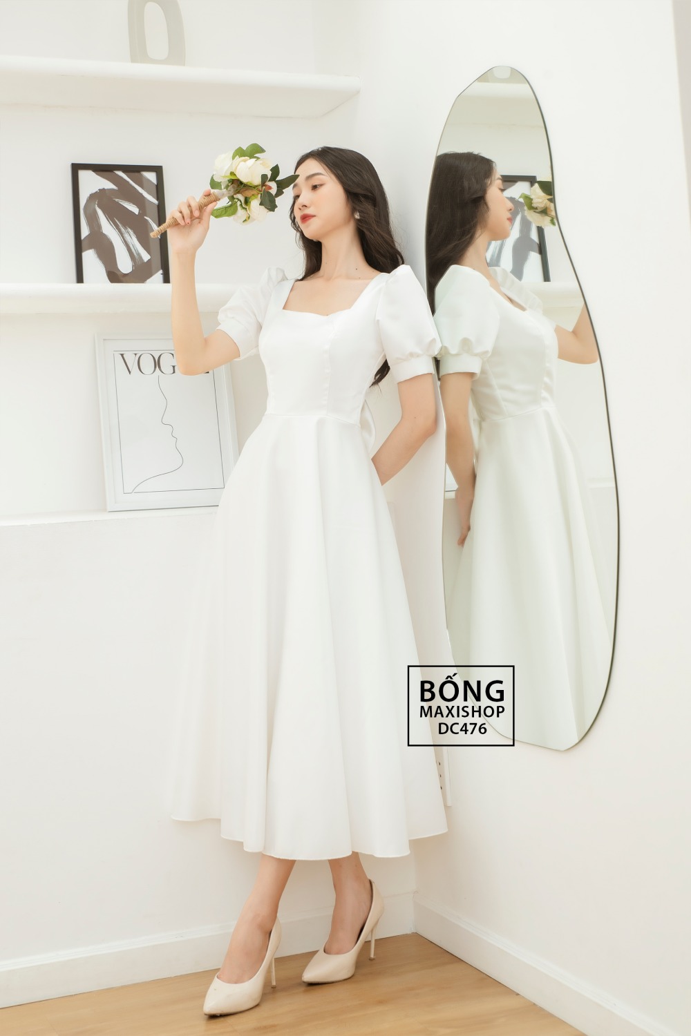 Áo cưới hot 2022 dáng ngắn - Váy cưới phi nhật trắng cổ vuông lửng nơ nhỏ DC476T