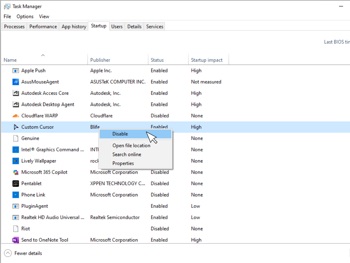 Hộp thoại Task Manager mục Starup.