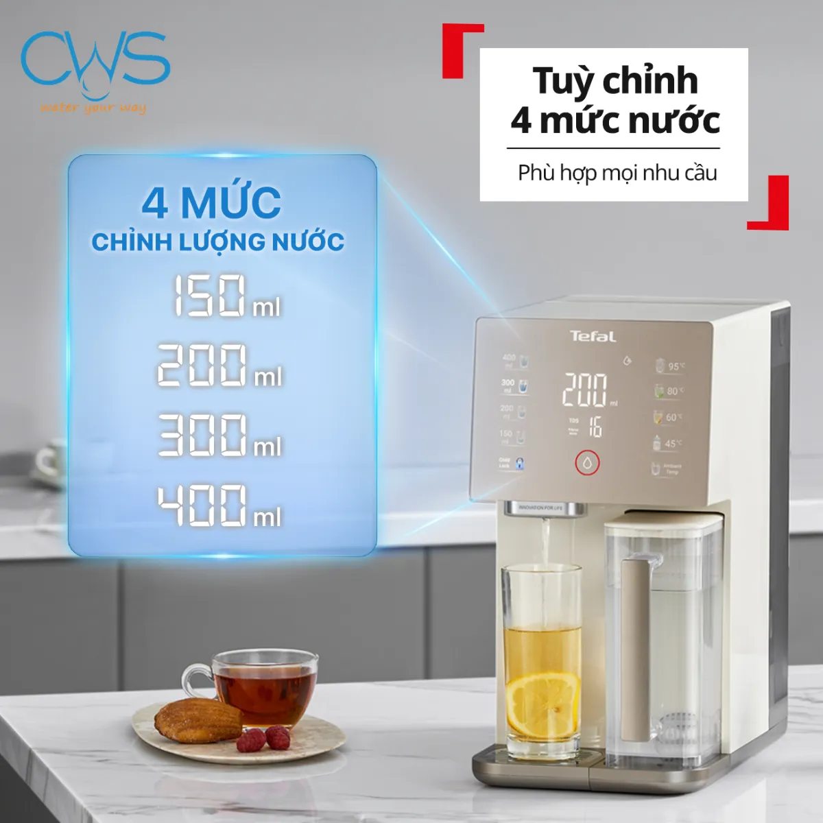 áy Lọc Nước Tefal BR453AY0 Cung Cấp 4 Mức Dung Tích Cho Từng Nhu Cầu Sử Dụng