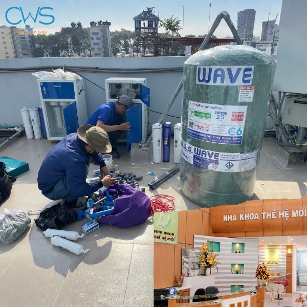 Lắp đặt lọc nước ghế nha tại nha khoa Thế Hệ Mới gồm 2 máy lọc bán công nghiệp 100L và bồn kháng khuẩn WAVELIFE