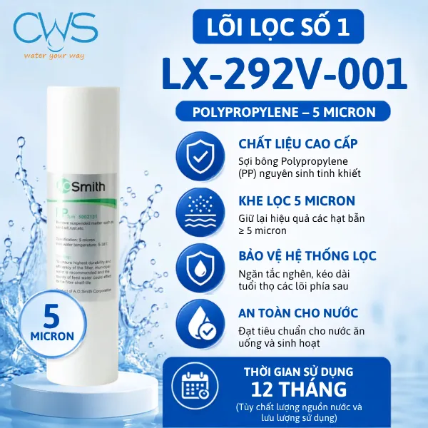Lõi Lọc PP 5 Micron (LX-292V-001) – Bước Lọc Thô Bảo Vệ Toàn Bộ Hệ Thống