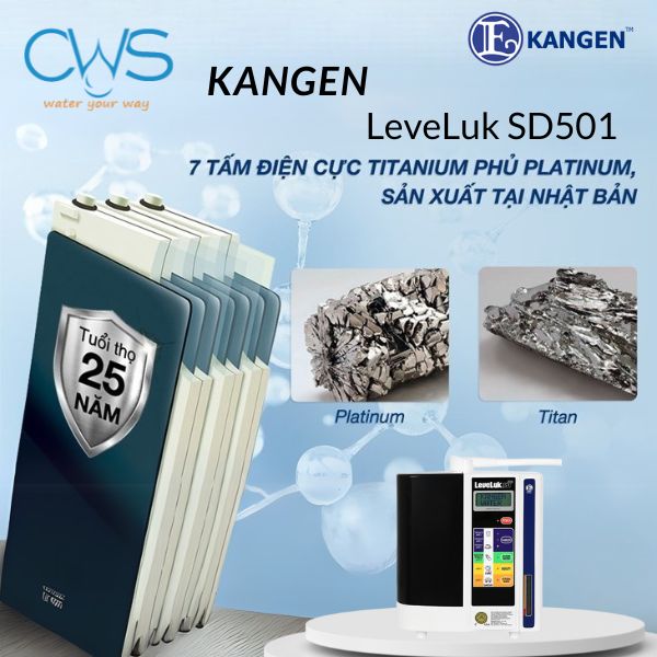 Máy điện giải ion kiềm Kangen Levelul SD501 với 7 tấm điện cực phủ platinum