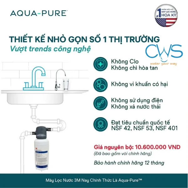 Máy Lọc Nước 3M Aqua-Pure ICE140S-WOI không sử dụng điện, không sinh ra nước thải