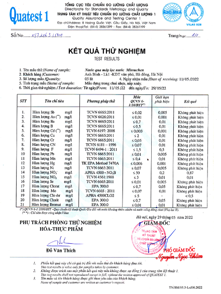 Kết quả kiểm định chất lượng lọc nước uống đạt chuẩn Bộ Y Tế được cấp bởi Tổng Cục Tiêu Chuẩn Đo Lường Chất Lượng Hà Nội ket-qua-kiem-dinh-chat-luong-nuoc-sau-loc