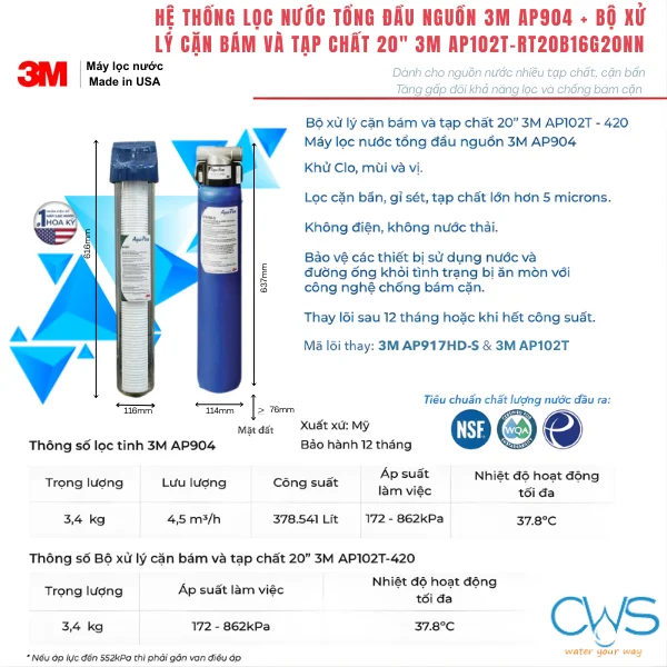 Thông số kỹ thuật của bộ lõi lọc nước 3M Aqua-Pure AP917HD-S