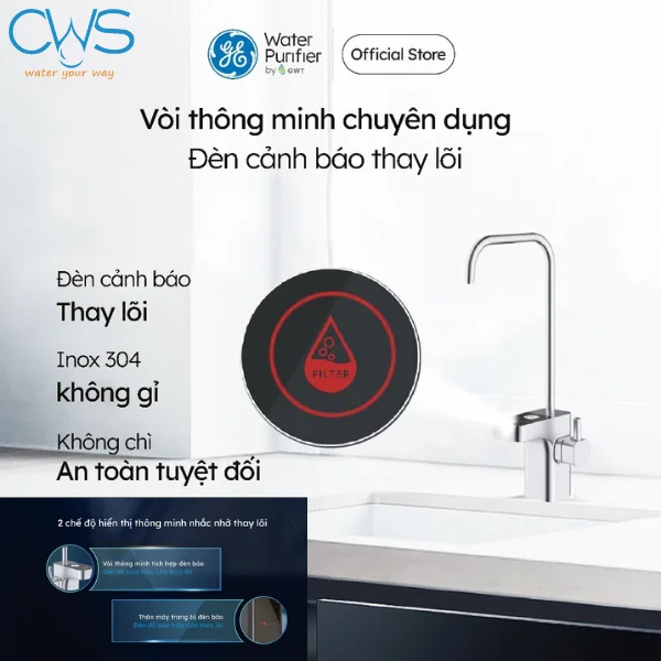 Tính năng nhắc nhở thay lõi thông minh trên vòi máy lọc nước GE DN810