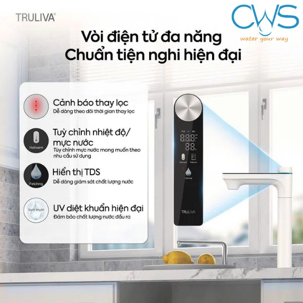 Vòi điện tử máy lọc nước Truliva UR61096H tích hợp các thông số theo dõi theo dõi thuận tiện