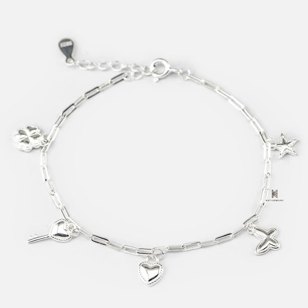 Lắc tay bạc nữ nhiều charm hình cỏ 4 lá, trái tim, bướm và ngôi sao