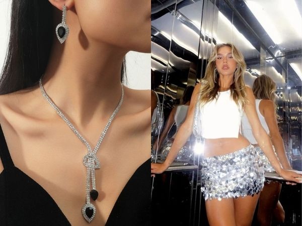 Khi diện váy trễ vai hãy kết hợp cùng dây chuyền đính đá.