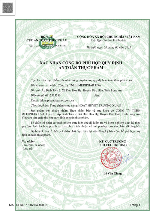 Giấy phép an toàn thực phẩm Hoạt Huyết Trường Xuân Giấy phép an toàn thực phẩm Hoạt Huyết Trường Xuân