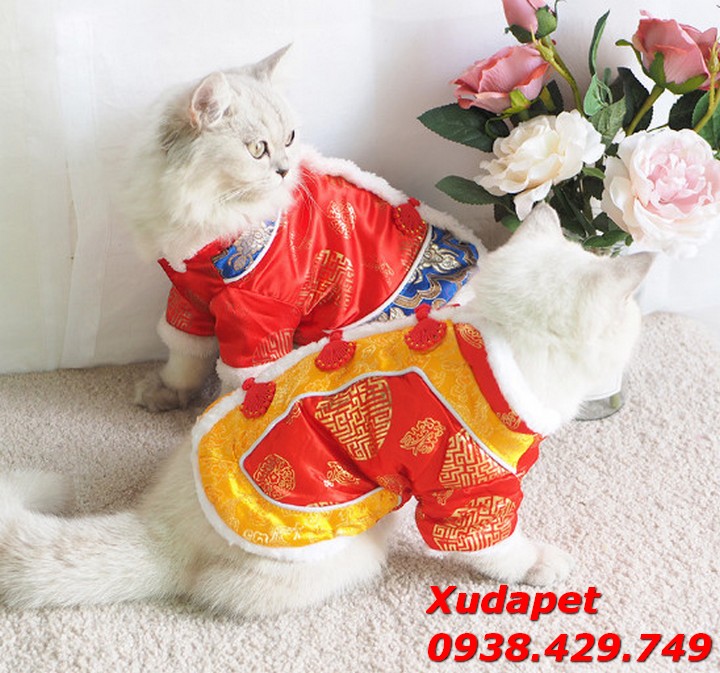 Áo Tết Cho Chó Mèo Kiểu Gấm Sườn Xám Vàng Đỏ