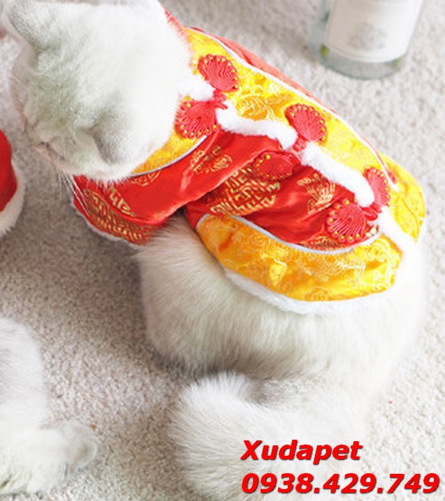 Áo Tết Cho Chó Mèo Kiểu Gấm Sườn Xám Vàng Đỏ