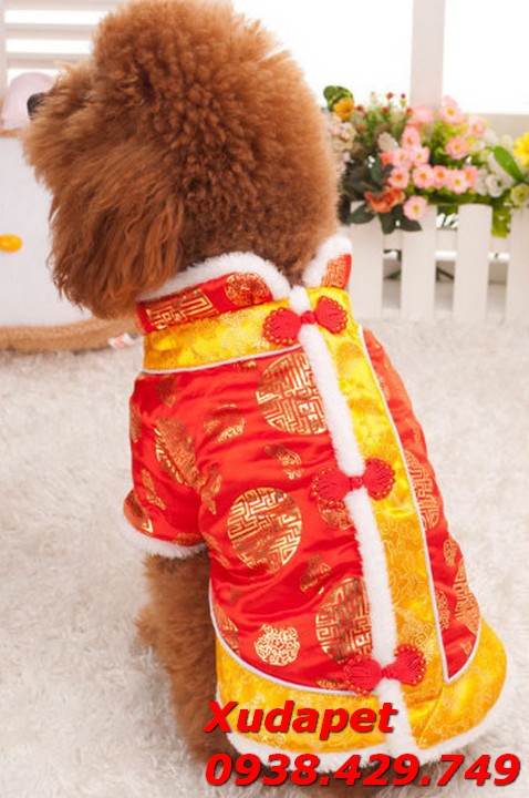 Áo Tết Cho Chó Mèo Kiểu Gấm Sườn Xám Vàng Đỏ