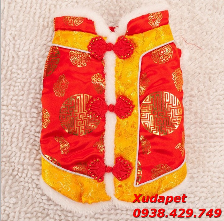 Áo Tết Cho Chó Mèo Kiểu Gấm Sườn Xám Vàng Đỏ