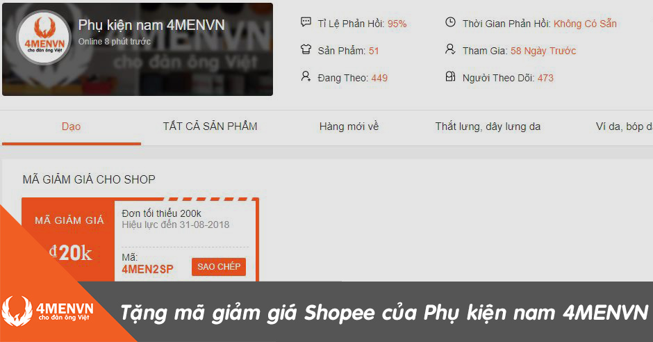 Tặng mã giảm giá Shopee của Phụ kiện nam 4MENVN