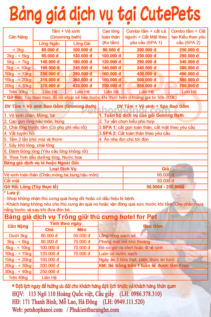 Bảng giá dịch vụ tắm, cắt tỉa, trông giữ thú cưng tại cutePets