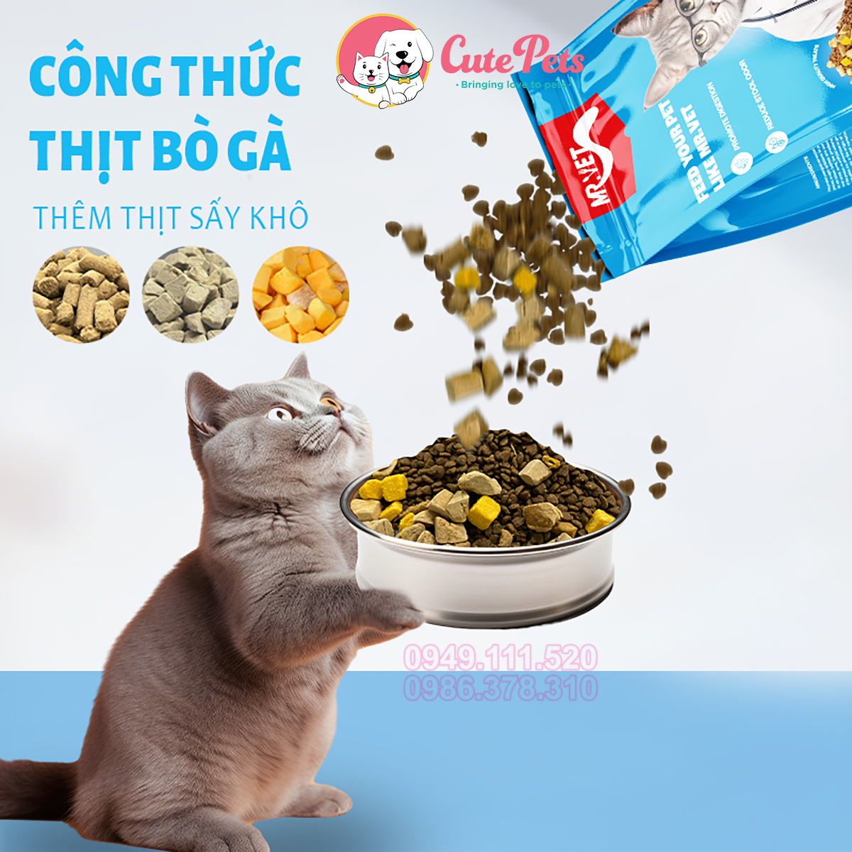 Hạt mèo MR.VET túi 1kg thức ăn mèo Mix thịt sấy - Cutepets