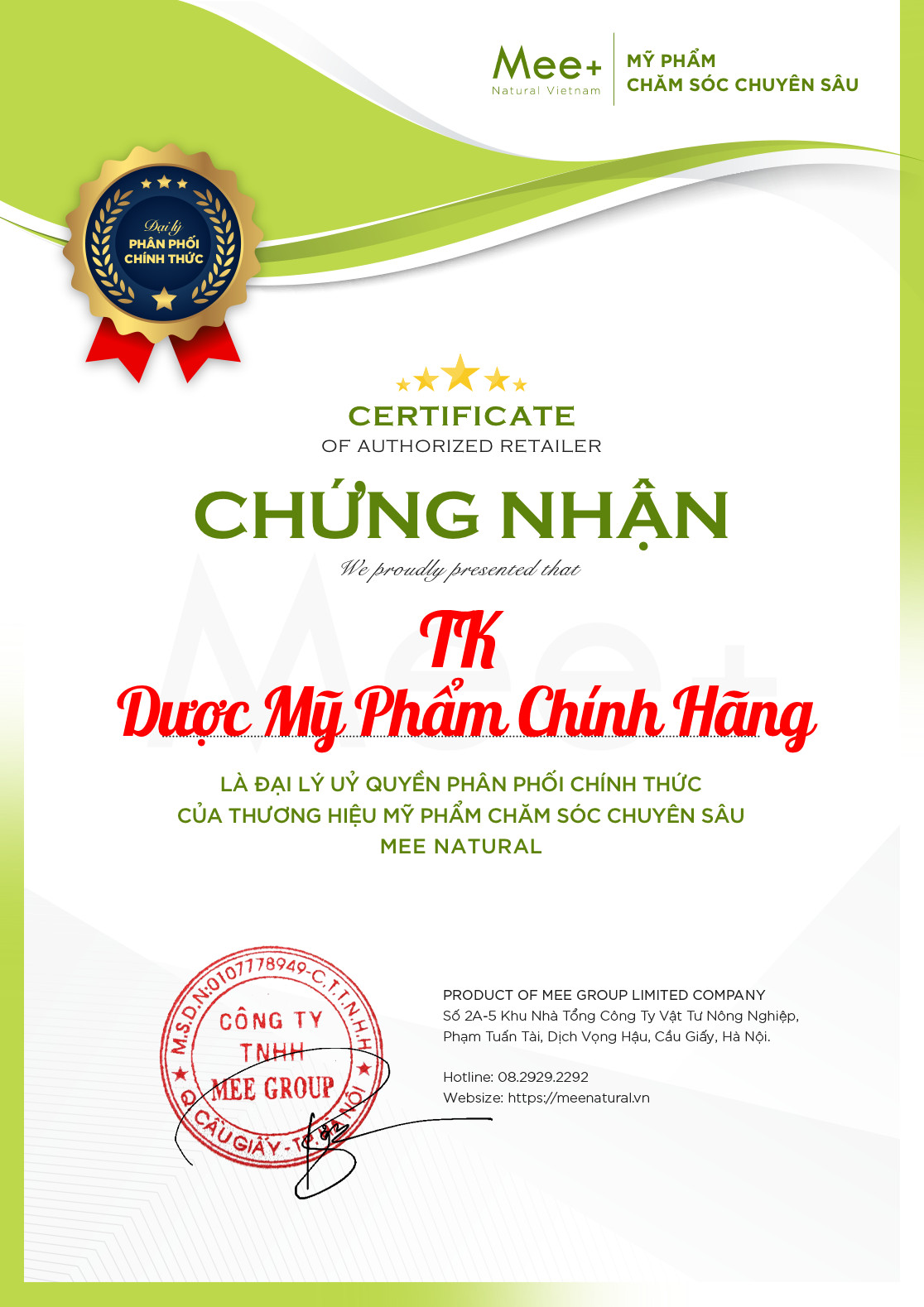 Chào mừng  TK Dược mỹ phẩm trở thành đại lý bán hàng chính thức tất cả sản phẩm của Mee Natural