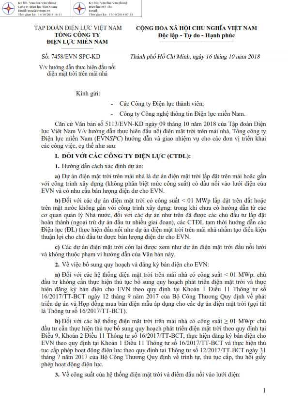 Văn bản số 5113/EVN-KD ngày 09 tháng 10 năm 2018 của Tập đoàn Điện lực Việt Nam hướng dẫn đấu nối điện mặt trời trên mái nhà