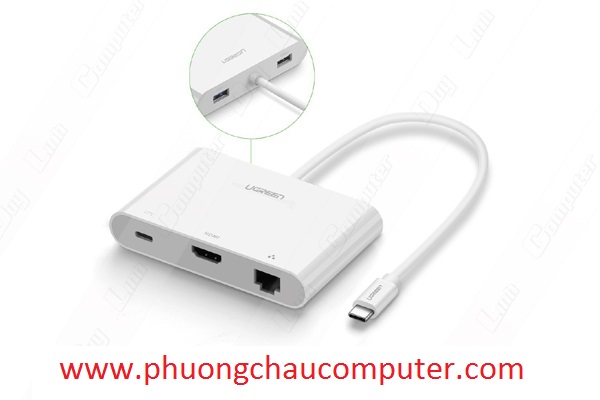 Cáp chuyển USB Type C to HDMI + Hub USB 2.0 hỗ trợ Lan 10/100Mbps Ugreen UG-30440