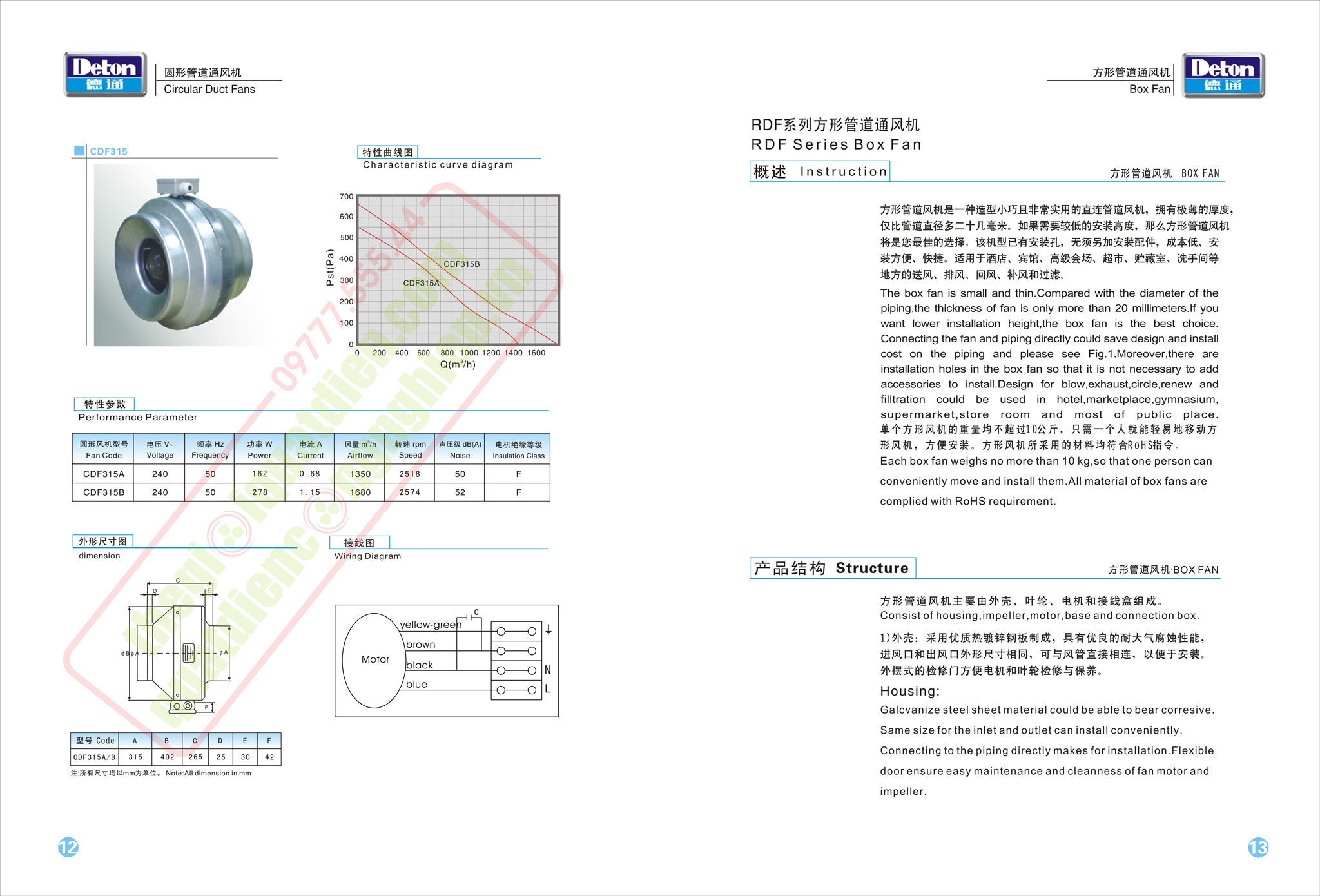 Catalouge chi tiết sản phẩm quạt cấp gió tươi nối ống Deton CDF-315B