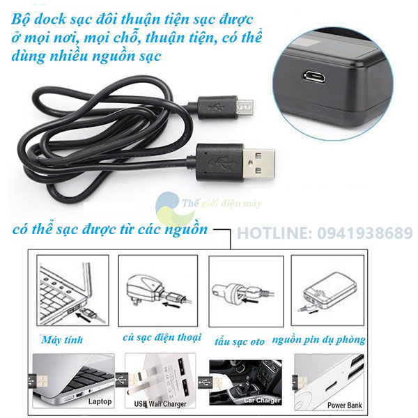 combo 1 dock sạc đôi LCD và 2 pin 1350mah chính hãng