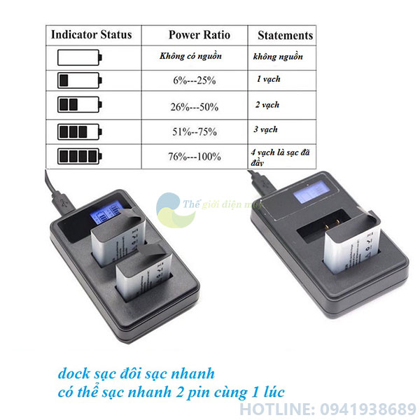 combo 1 dock sạc đôi LCD và 2 pin 1350mah chính hãng