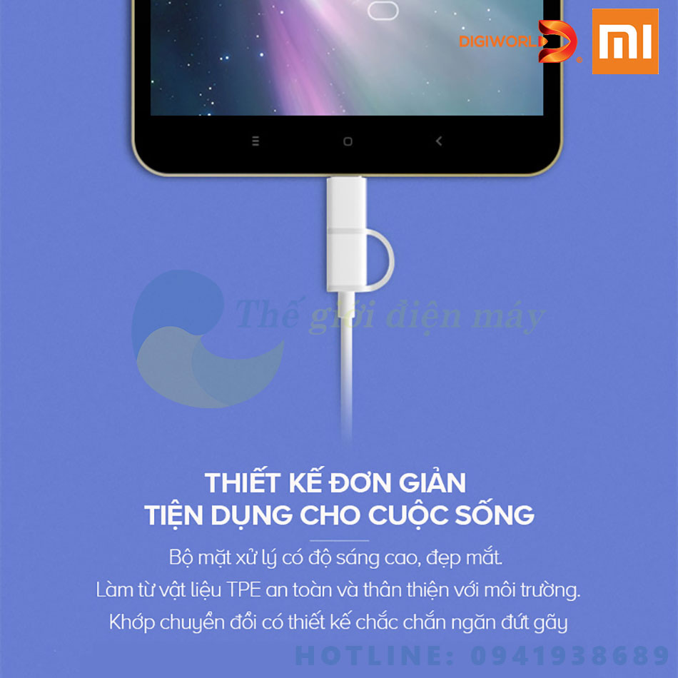 Dây sạc Xiaomi 2 trong 1 mini usb và type C 1m SJX02ZM - Phân phối bởi DigiWorld - shop Thế giới điện máy