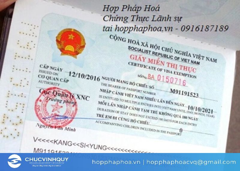 Chứng nhận miên thị thực trên visa