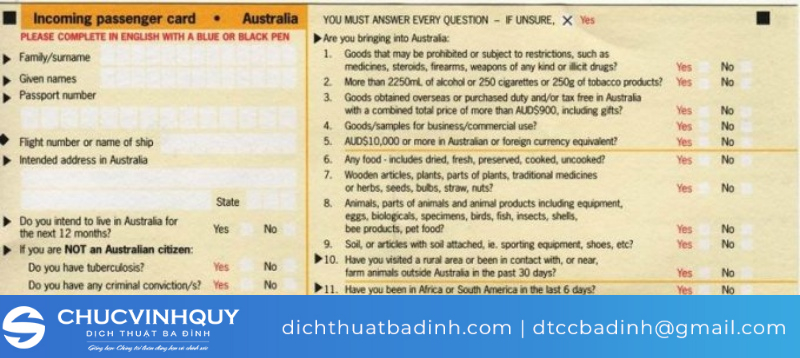 Điền mặt trước phiếu khai nhập cảnh Úc
