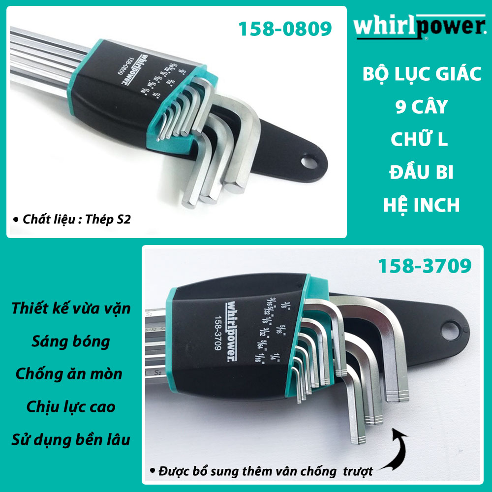 BỘ LỤC GIÁC CHỮ L 9 CÂY (HỆ INCH ĐẦU BI) WHIRLPOWER