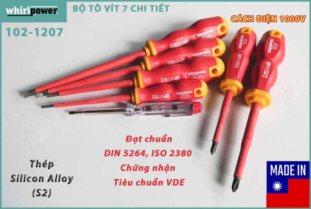 BỘ TÔ VÍT 7 CHI TIẾT, CÁCH ĐIỆN 1000V WHIRLPOWER 102-1207