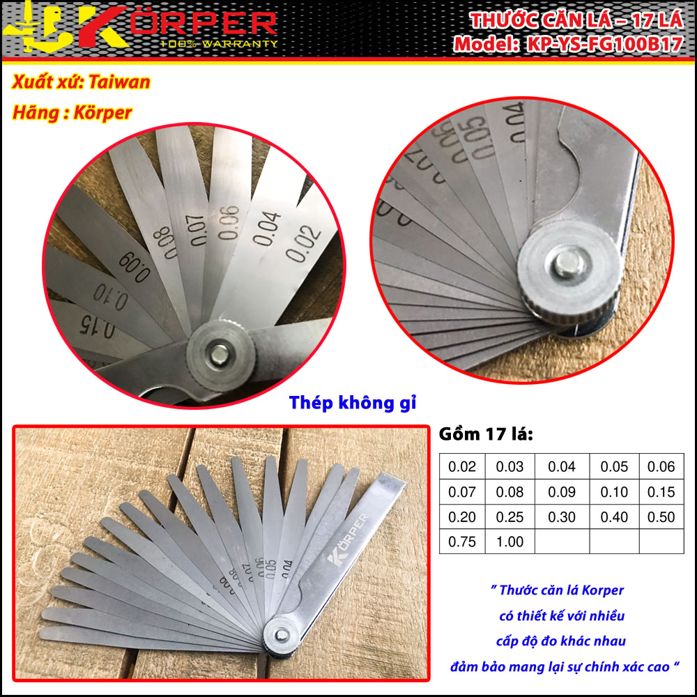 THƯỚC CĂN LÁ – 17 LÁ KORPER KP-YS-FG100B17