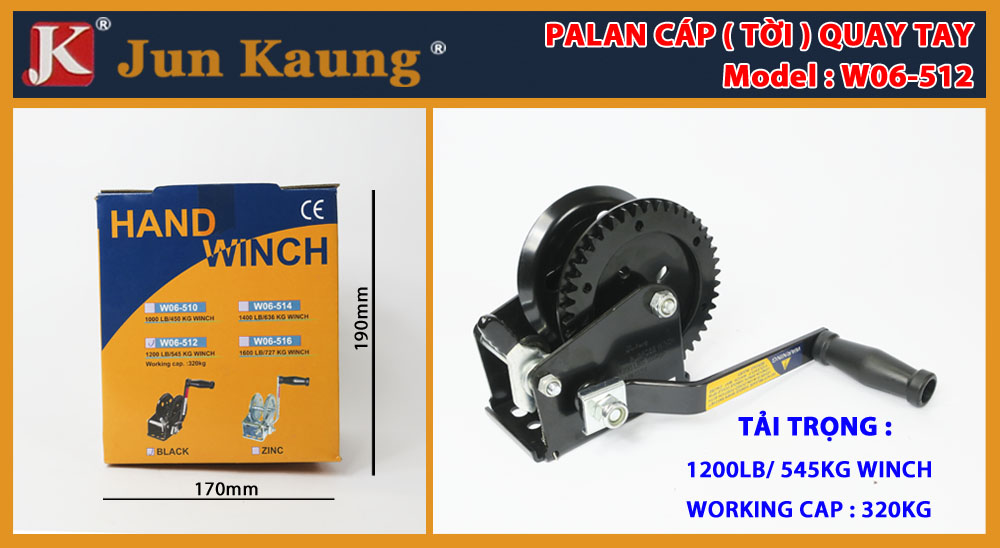 Bảng Thông Số Kỹ Thuật Chi Tiết PALAN CÁP TỜI QUAY TAY JUN KAUNG W06-512