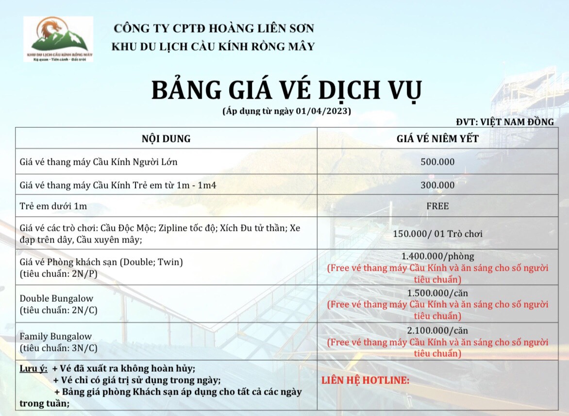 Giá vé cầu kính rồng mây tại quầy