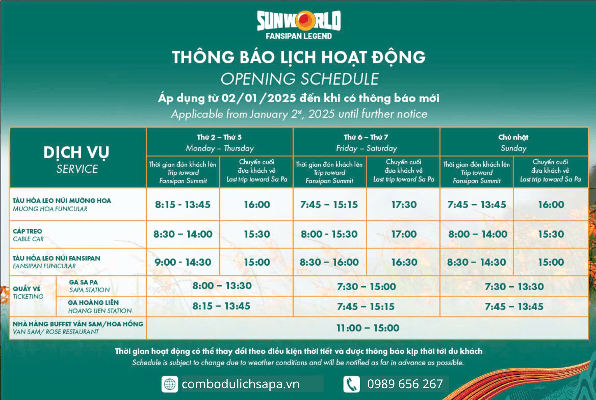 Thời gian hoạt động cáp treo Fansipan