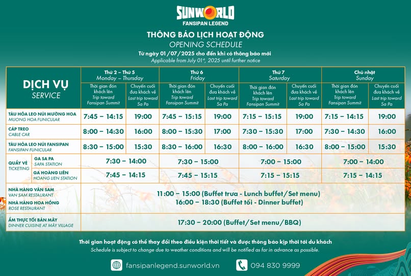 Thời gian hoạt động Fansipan Legend Sun World 2025